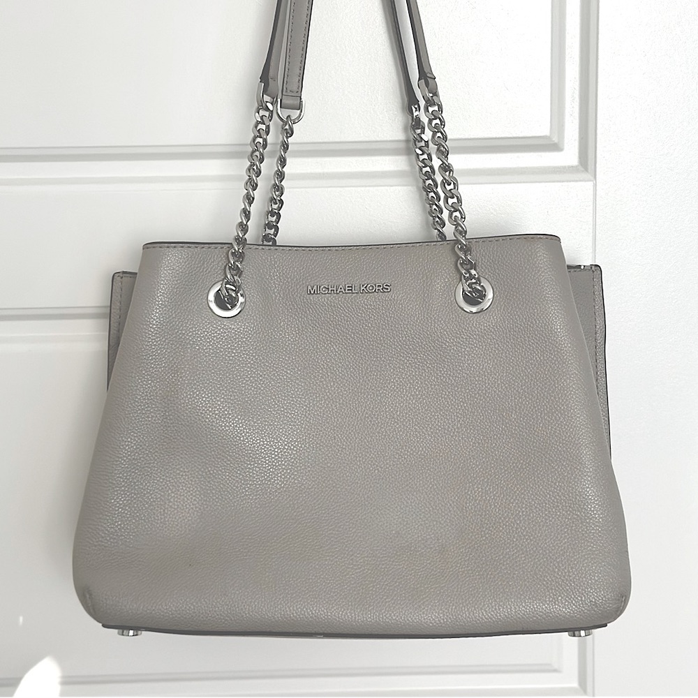 Medium Pearl Gray Leather Shoulder Satchel